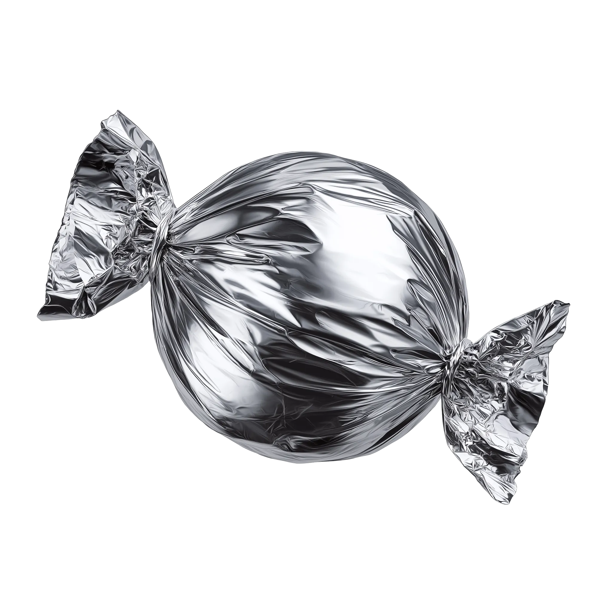 Candy wrapped in shiny silver foil.