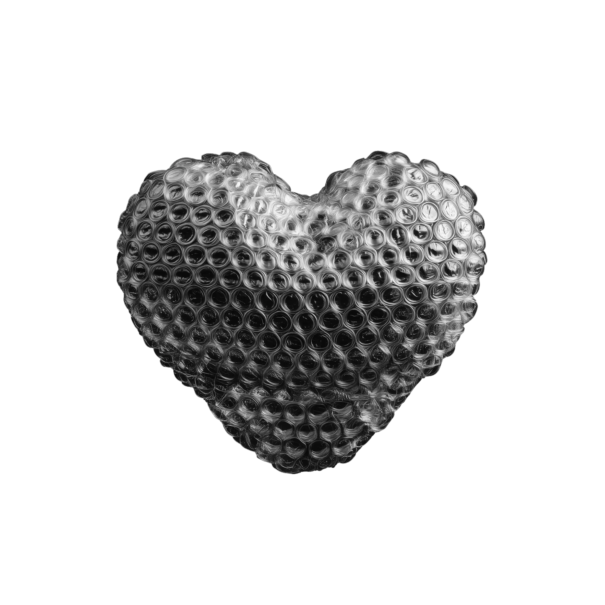Black and white heart shape wrapped in bubble wrap.